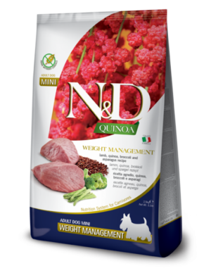 N&D DOG QUINOA Weight Management Adult MINI LAMB & BROCCOLI - храна без зърно за кучета над 1г. с агнешко и броколи, за идеално телесно тегло