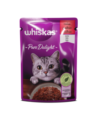 Whiskas Pure Delight Говеждо – Пълноценна Мокра Храна за Котки, Приготвена на Пара 85гр